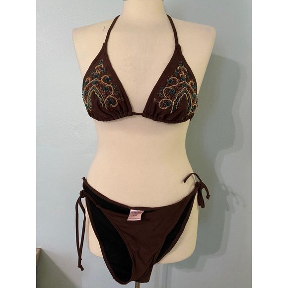 La Vie En Rose Brown Blue Beaded Triangle Bikini - Picture 2 of 5